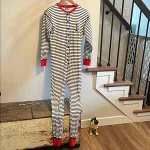 Lazy One-Maine Blue and White Striped Onesie with Red Accents